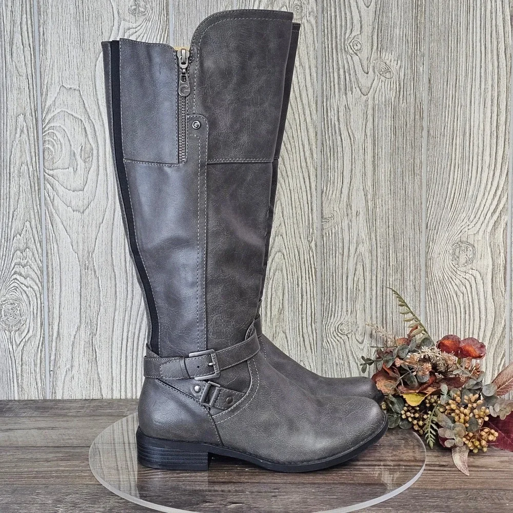 G by GUESS Tall Riding Boots Gray Faux Leather Buckle Zip Women's 7.5M